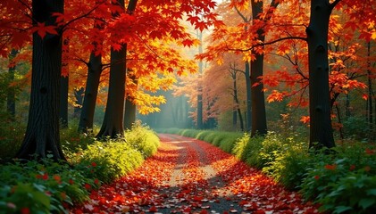 Fototapeta premium Amber and crimson maple leaves on a forest path, green, orange