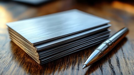 Fototapeta premium Stack of Business Cards with Pen on Wooden Desk