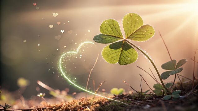 A four-leaf clover bathed in sunlight with a glowing heart-shaped trail of light, signifying love and luck