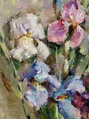 Abstract bright colored decorative background . Floral pattern handmade . Beautiful tender romantic bouquet of iris flowers , made in the technique of oil from nature.