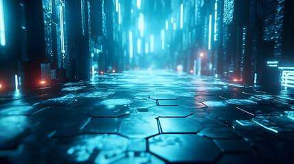 Obraz premium A neon-lit cityscape of towering buildings, filled with shimmering blue lights that stretch across the horizon, evoking a sense of futuristic wonder.