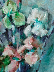 Abstract bright colored decorative background . Floral pattern handmade . Beautiful tender romantic bouquet of iris flowers , made in the technique of oil from nature.