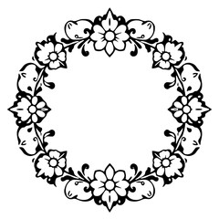 Floral wreath with a delicate floral and ornamental design, in black and white.