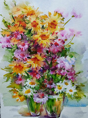 Abstract bright colored decorative background . Floral pattern handmade . Beautiful tender romantic bouquet of rose flowers , made in the technique of watercolors from nature.