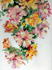 Abstract bright colored decorative background . Floral pattern handmade . Beautiful tender romantic bouquet of rose flowers , made in the technique of watercolors from nature.