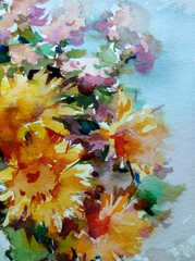 Abstract bright colored decorative background . Floral pattern handmade . Beautiful tender romantic bouquet of  flowers , made in the technique of watercolors from nature.
