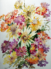 Abstract bright colored decorative background . Floral pattern handmade . Beautiful tender romantic bouquet of rose flowers , made in the technique of watercolors from nature.