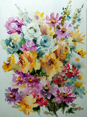 Abstract bright colored decorative background . Floral pattern handmade . Beautiful tender romantic bouquet of rose flowers , made in the technique of watercolors from nature.