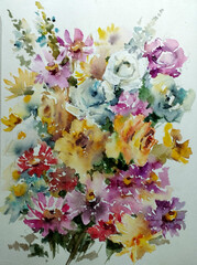Abstract bright colored decorative background . Floral pattern handmade . Beautiful tender romantic bouquet of rose flowers , made in the technique of watercolors from nature.