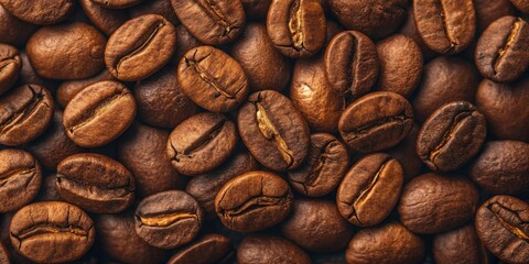 Fototapeta premium A Detailed Close-Up of Roasted Coffee Beans, Showing Rich Brown Hues and Intricate Surface Textures