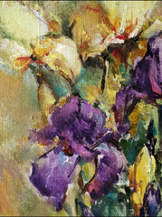 Abstract bright colored decorative background . Floral pattern handmade . Beautiful tender romantic bouquet of iris flowers , made in the technique of oil from nature.