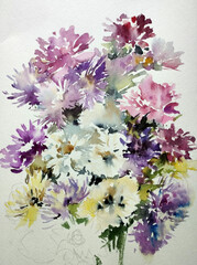 Abstract bright colored decorative background . Floral pattern handmade . Beautiful tender romantic bouquet of rose flowers , made in the technique of watercolors from nature.