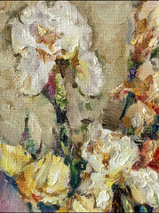 Abstract bright colored decorative background . Floral pattern handmade . Beautiful tender romantic bouquet of iris flowers , made in the technique of oil from nature.