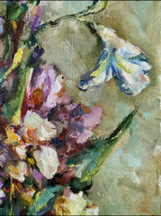 Abstract bright colored decorative background . Floral pattern handmade . Beautiful tender romantic bouquet of iris flowers , made in the technique of oil from nature.