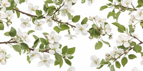 Obraz premium Beautiful blooming branches with white flowers and green leaves. This image showcases the essence of spring. Perfect for nature lovers and floral designs. Ideal for presentations or decor. AI