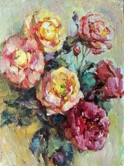 Abstract bright colored decorative background . Floral pattern handmade . Beautiful tender romantic bouquet of rose flowers , made in the technique of watercolors from nature.
