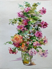 Abstract bright colored decorative background . Floral pattern handmade . Beautiful tender romantic bouquet of rose flowers , made in the technique of watercolors from nature.
