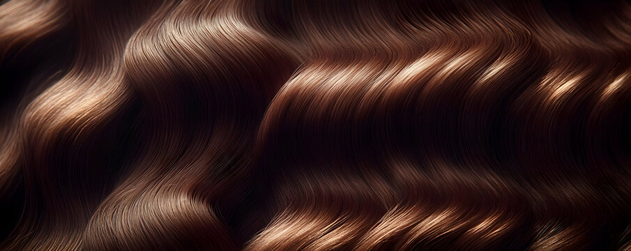 Wavy brown hair, close-up, dark background, salon