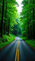 Obraz premium asphalt square road winding through dense forest, natural, green, landscape