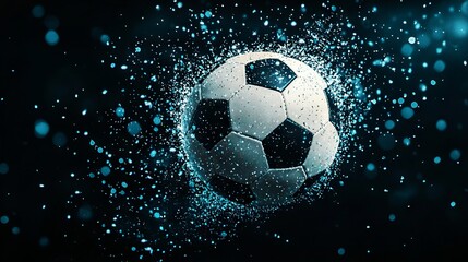 Naklejka premium A dynamic soccer ball bursts through a splash of water droplets, creating an energetic and vibrant visual effect.