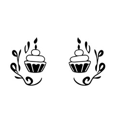 Minimalist, monochromatic illustration of two cupcakes decorated with candles and surrounded by leaves.