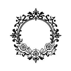 Elegant black-and-white frame showcasing floral roses, a decorative design, featuring a black floral round frame with roses.