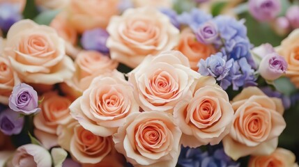 Peach roses and purple flowers bouquet arrangement
