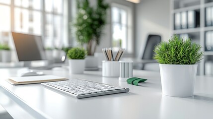 Modern office desk, plants, keyboard, sunlight, workspace