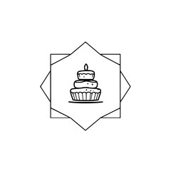 Simple cake illustration of a layered birthday cake with a candle, in an eight-sided shape with a black outline.