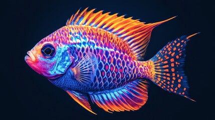 Fototapeta premium Colorful fish illustration with vibrant scales. Fish features include bold patterns and bright colors. Artistic fish design showcases unique aquatic beauty. Vintage fish illustration isolated, vector.
