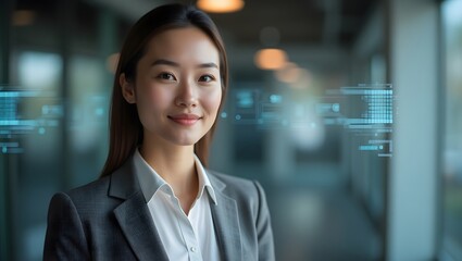 A smiling businesswoman in a suit stands in a modern office building. This professional stock photo can be used for websites or marketing materials.
