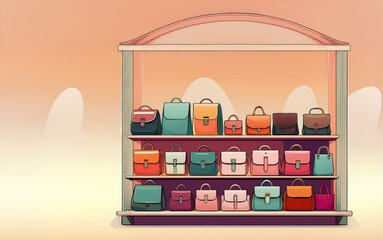 Various bags are displayed on the shelves. Bags shop. Bags collection. Illustration.