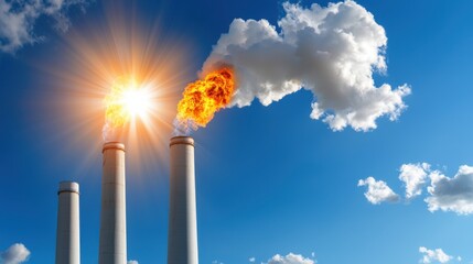 Fototapeta premium Dramatic image of a fossil fuel power plant with tall smokestacks billowing thick dark smoke against a vibrant blue sky with puffy white clouds and a bright sun shining