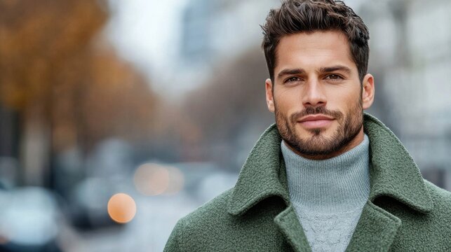 Fashionable and well groomed man in a stylish green coat and gray sweater stands confidently on an urban street embodying a smart casual look