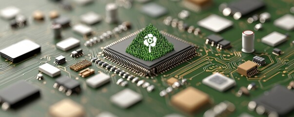 Fototapeta premium Eco Friendly Microchip Surrounded by Renewable Energy Symbols Concept of Clean Technology Energy Efficiency and Sustainable Innovation