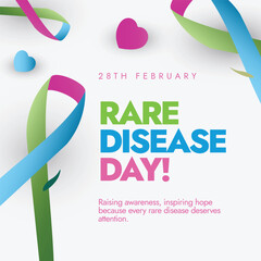 World Rare Disease Day 28 February 2025. Rare disease day poster in solid white background with awareness ribbons describes the purpose of raising awareness and inspiring hope. Vector Illustration.