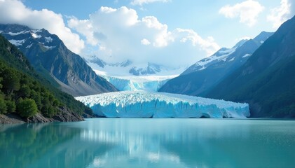 Glacier calving in front of majestic mountain backdrop, peaceful, serene