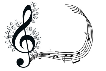 Black treble clef sign, decorated music key symbol, musical melody illustration, notes sound icons. Musical background, design fest card, jazz poster, concert performance banner. Copy space, isolated