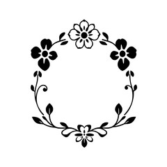 Floral Wreath with Black Outline. Minimalist design of floral and leaf arrangement on white.