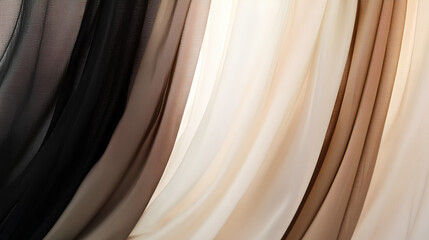 Black dark light pastel dusty pale soft brown sepia beige white abstract background. Silk satin fabric. Curtain drapery flowing line stripe. Color gradient. Beautiful elegant