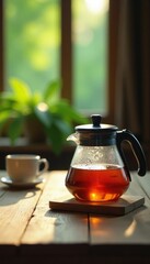 Glass of water on wooden table with tea kettle in the foreground, wooden, table, tea