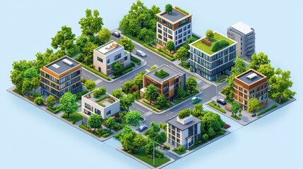 A cityscape with a green roof on a building