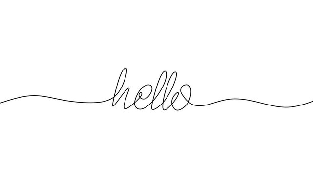 HELLO handwritten inscription. Hand drawn lettering. Animated calligraphy. One line drawing of phrase. Continuous black line drawing word Hello. Minimalist hello concept. Animation video