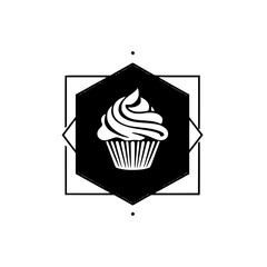 Minimalist cupcake design icon with a black hexagon with a cake
