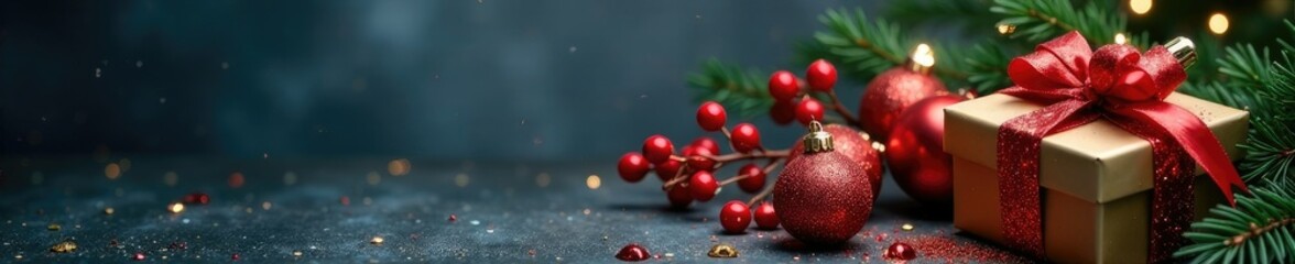 Glittering festive decorations on a dark gray background, ornaments, gift, red berries