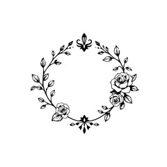 Minimalist illustration: Black and white floral wreath design with roses and foliage.