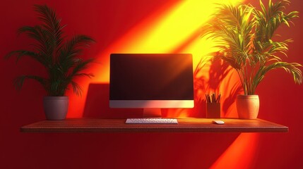 Sunlit Workspace Minimalist Red Aesthetic Computer Setup