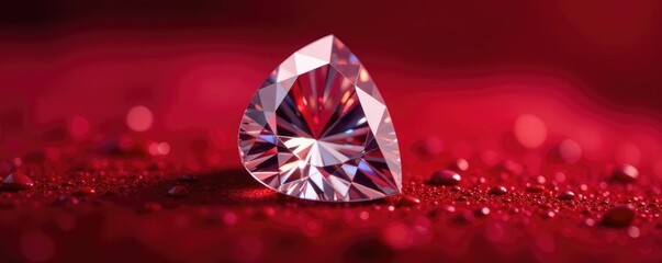 Fototapeta premium Glittering pear-shaped diamond on crimson velvet, background, red, velvet