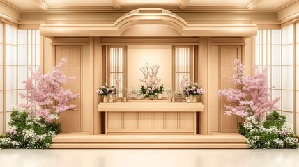 Serene Wooden Shrine Adorned With Pink Blossoms