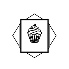 Elegant monochrome minimalist design: a cupcake illustration within a geometric diamond arrangement.